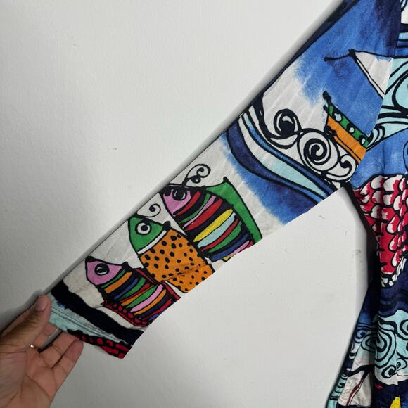 Boston Proper Multicolor‎ Fish Nautical Print Wrap Top Long Sleeve V-Neck Medium - Picture 4 of 7